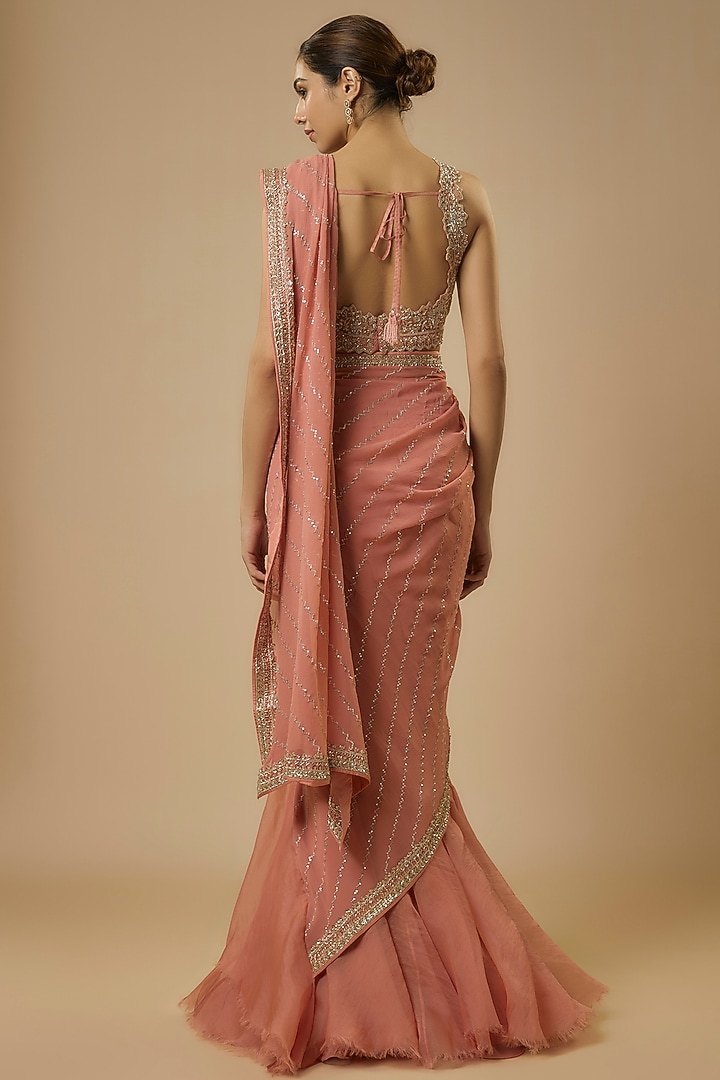 Peach Organza Hand Embroidered Ruffled Reception Saree Set by Anushree Reddy at Pernia's Pop Up Shop