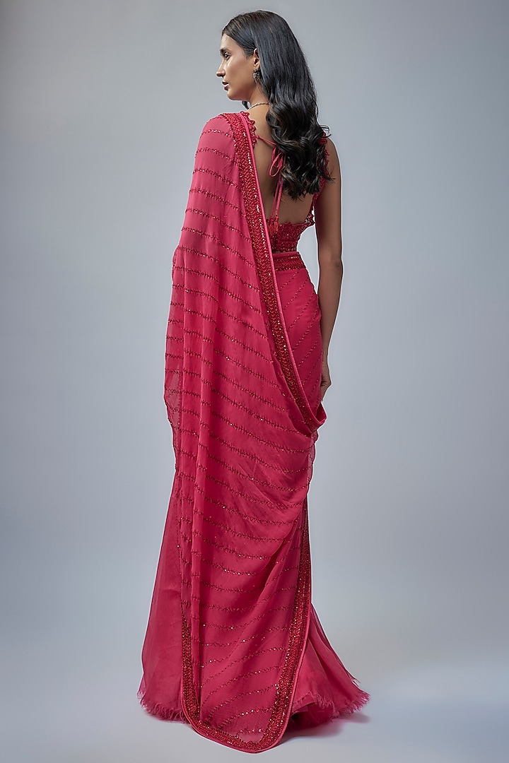 Cherry Red Organza & Chiffon Sequins Hand Embroidered Ruffled Reception Saree Set by Anushree Reddy at Pernia's Pop Up Shop