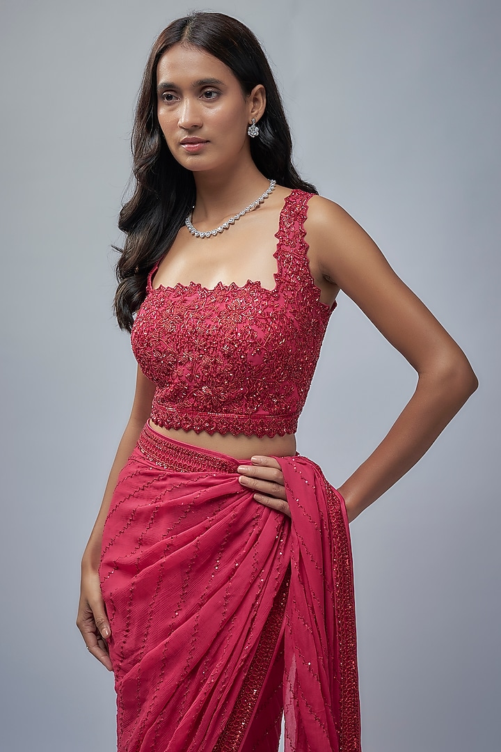 Cherry Red Organza & Chiffon Sequins Hand Embroidered Ruffled Reception Saree Set by Anushree Reddy at Pernia's Pop Up Shop