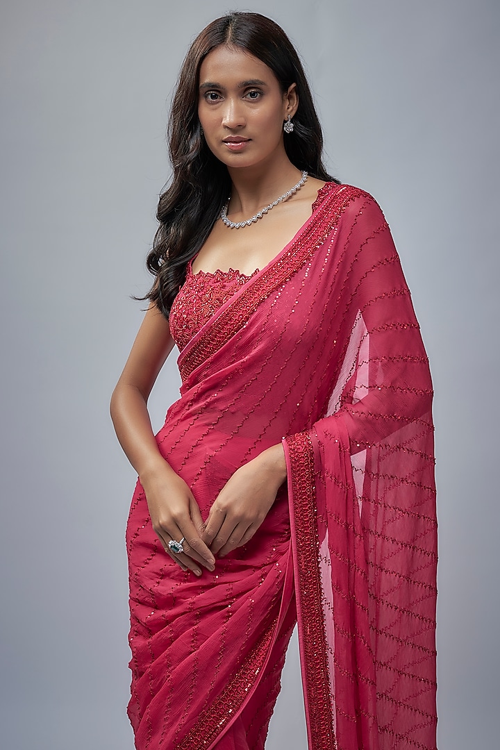Cherry Red Organza & Chiffon Sequins Hand Embroidered Ruffled Reception Saree Set by Anushree Reddy at Pernia's Pop Up Shop
