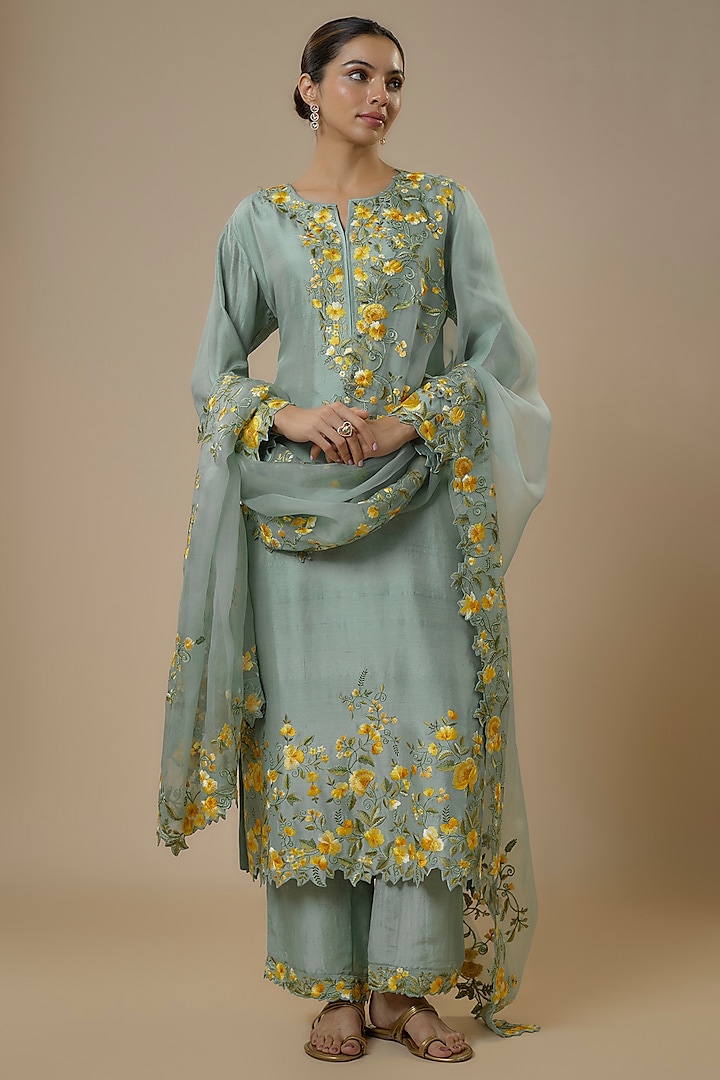 Sea Blue Dupion Silk & Organza Floral Embroidered Kurta Set by Anushree Reddy at Pernia's Pop Up Shop