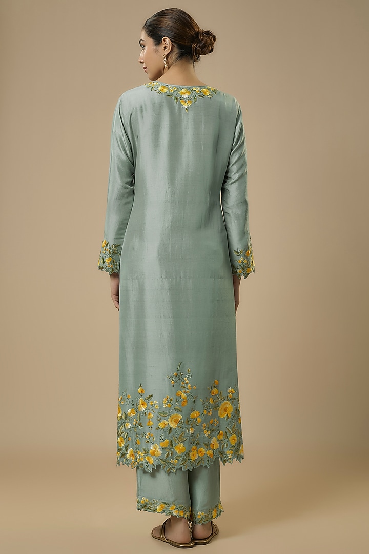 Sea Blue Dupion Silk & Organza Floral Embroidered Kurta Set by Anushree Reddy at Pernia's Pop Up Shop