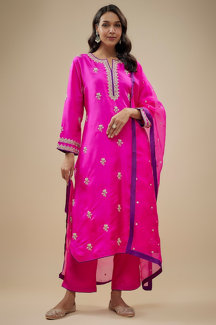 Hot Pink Dupion Silk Zardosi Boota Embroidered Kurta Set by Anushree Reddy at Pernia's Pop Up Shop