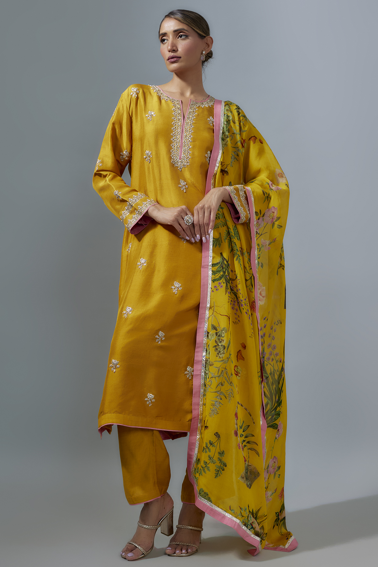 Mustard Dupion Silk Zardosi Boota Embroidered Kurta Set by Anushree Reddy at Pernia's Pop Up Shop