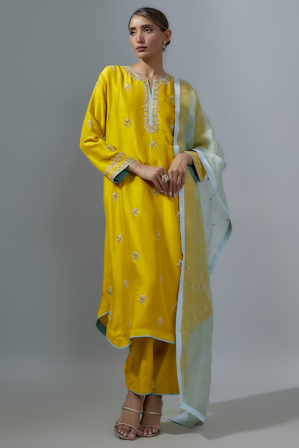 Yellow Dupion Silk Zardosi Boota Embroidered Kurta Set by Anushree Reddy at Pernia's Pop Up Shop