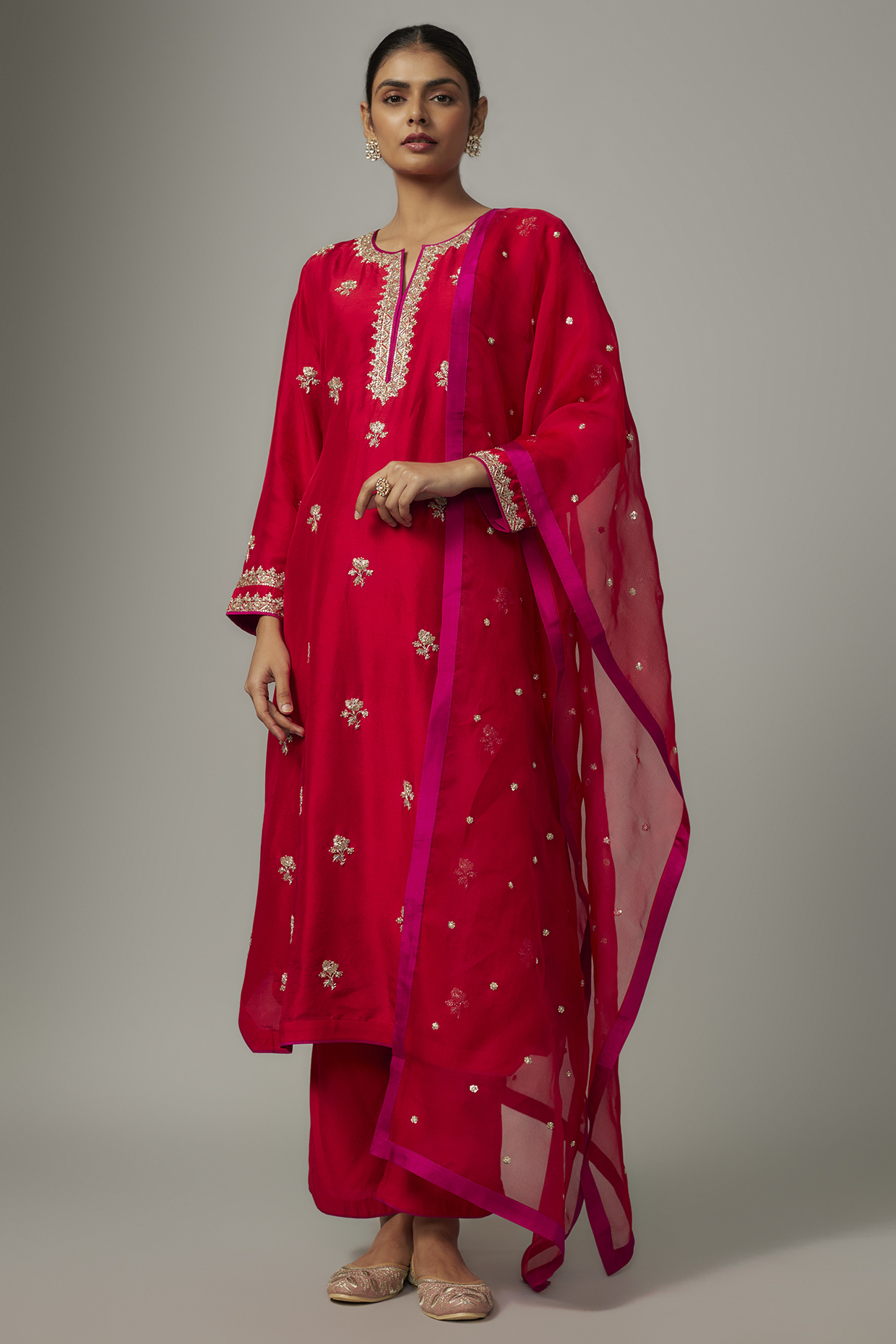 Red Dupion Silk Zardosi Hand Embroidered Kurta Set by Anushree Reddy at Pernia's Pop Up Shop