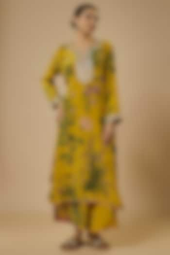 Yellow Dupion SIlk Floral Printed & Embroidered Kurta Set by Anushree Reddy at Pernia's Pop Up Shop