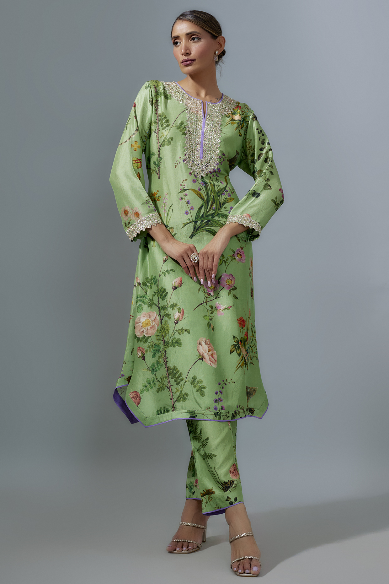 Sea Green Dupion Silk Hand Embroidered Kurta Set by Anushree Reddy at Pernia's Pop Up Shop