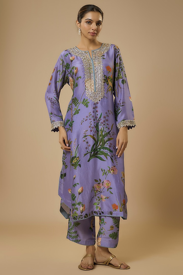 Lavender Dupion SIlk Floral Printed & Embroidered Kurta Set by Anushree Reddy at Pernia's Pop Up Shop