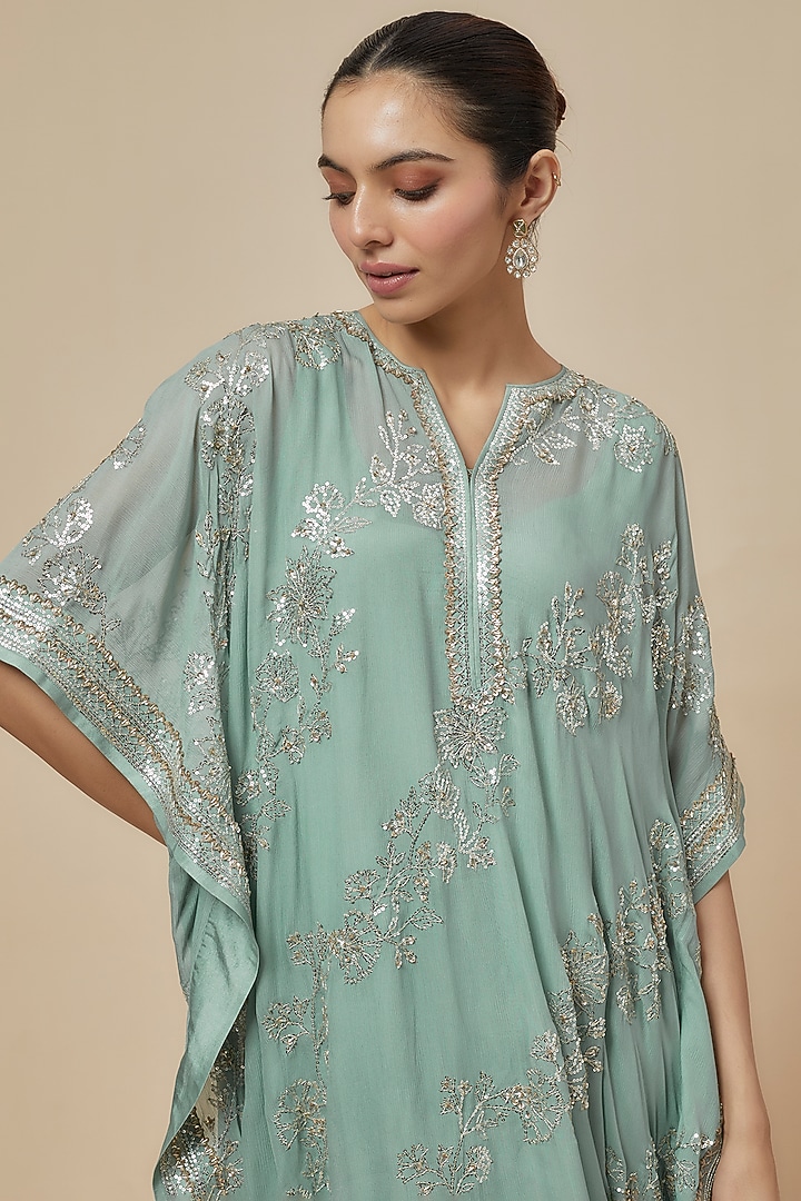 Sea Blue Chiffon Sequins Embroidered Kurta Set by Anushree Reddy at Pernia's Pop Up Shop
