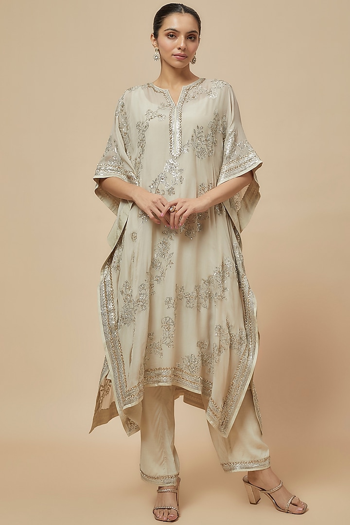 Ivory Chiffon Sequins Embroidered Kurta Set by Anushree Reddy at Pernia's Pop Up Shop