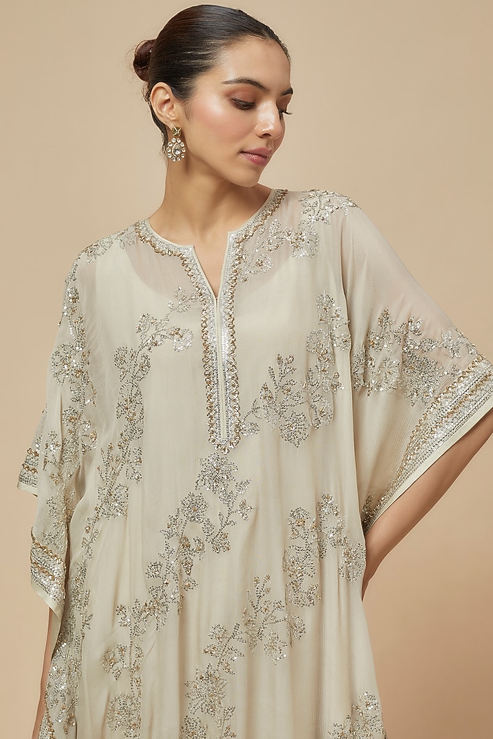 Ivory Chiffon Sequins Embroidered Kurta Set by Anushree Reddy at Pernia's Pop Up Shop