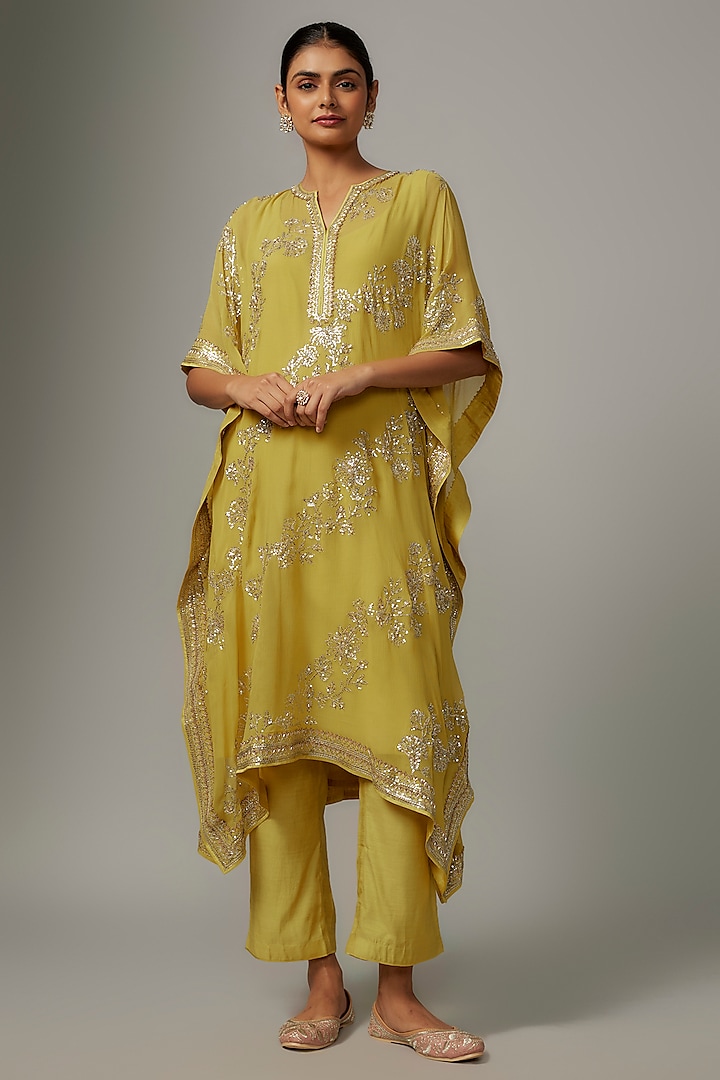 Yellow Chiffon Sequin Hand Embroidered Kaftan Set by Anushree Reddy at Pernia's Pop Up Shop