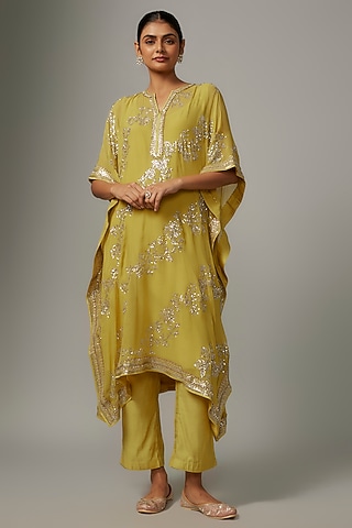 Yellow Chiffon Sequin Hand Embroidered Kaftan Set by Anushree Reddy