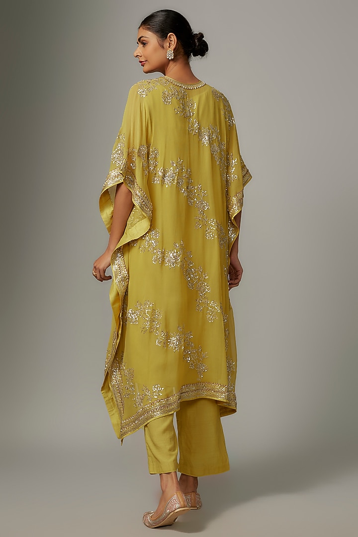 Yellow Chiffon Sequin Hand Embroidered Kaftan Set by Anushree Reddy at Pernia's Pop Up Shop