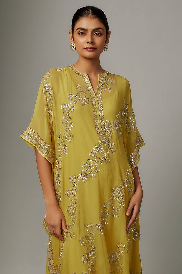 Yellow Chiffon Sequin Hand Embroidered Kaftan Set by Anushree Reddy at Pernia's Pop Up Shop