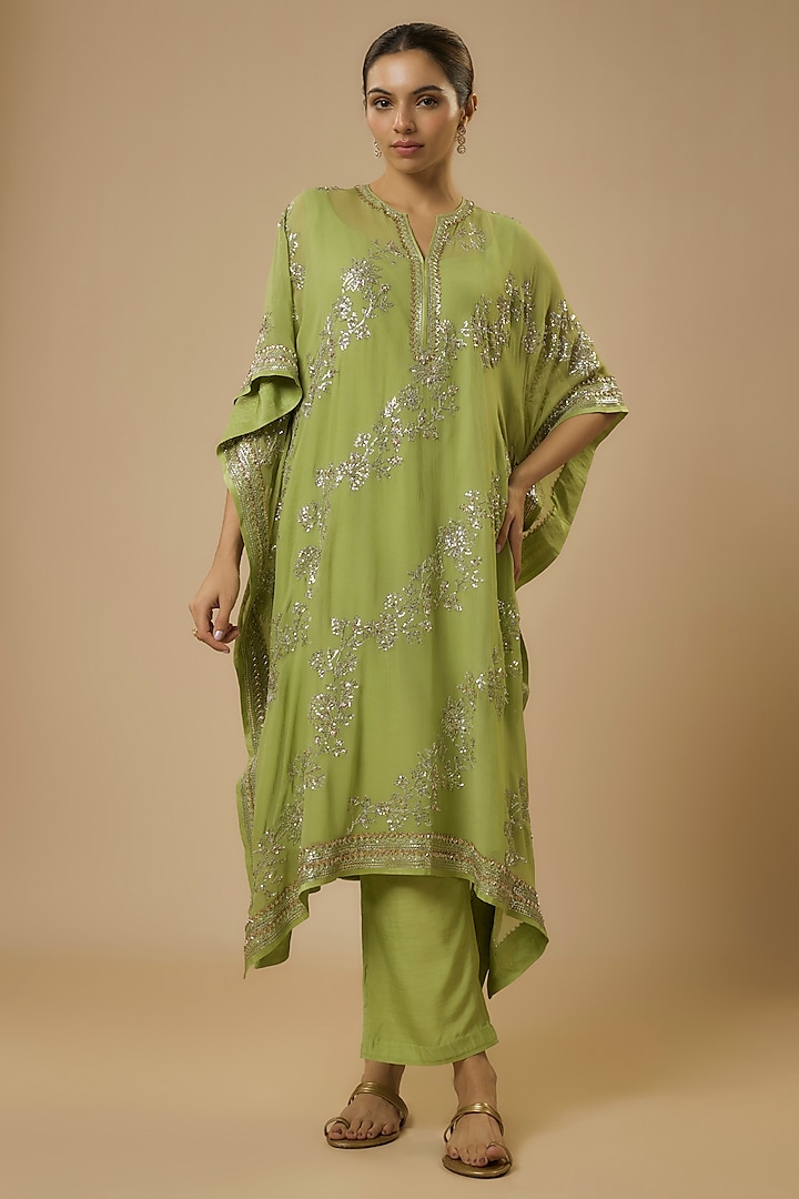 Green Chiffon & Cotton Silk Sequins Embroidered Kaftan Set by Anushree Reddy at Pernia's Pop Up Shop