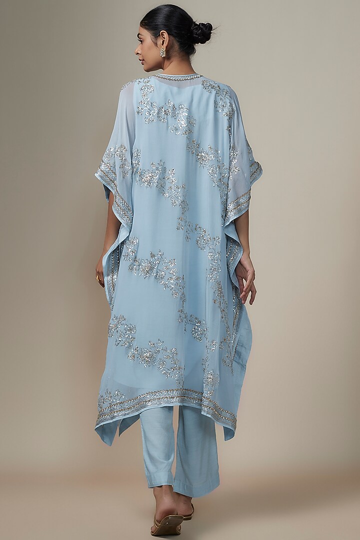Powder Blue Chiffon Sequins Hand Embroidered Kaftan Set by Anushree Reddy at Pernia's Pop Up Shop