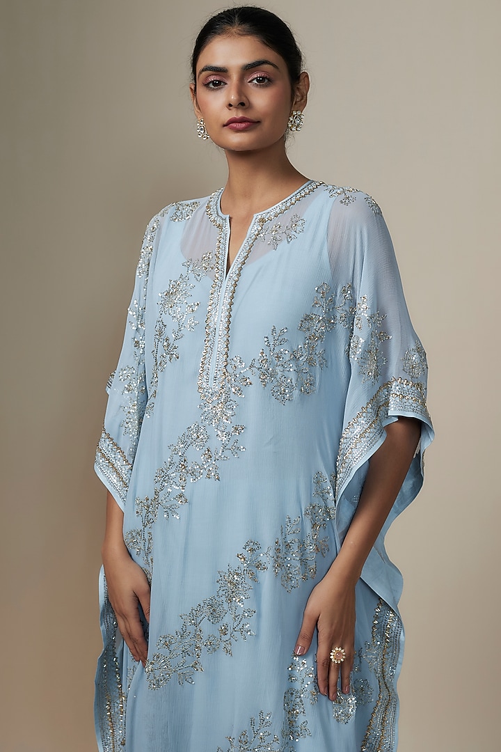 Powder Blue Chiffon Sequins Hand Embroidered Kaftan Set by Anushree Reddy at Pernia's Pop Up Shop