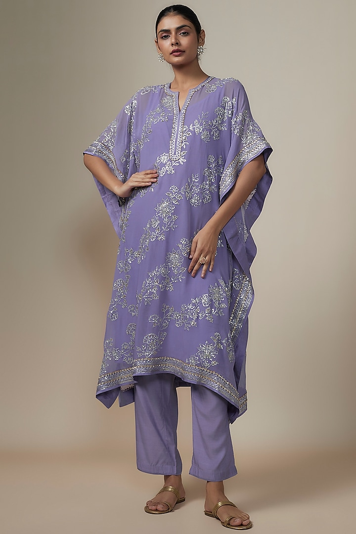 Lilac Chiffon Sequins Hand Embroidered Kaftan Set by Anushree Reddy at Pernia's Pop Up Shop