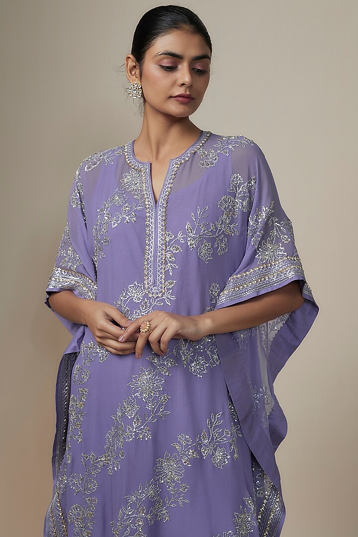 Lilac Chiffon Sequins Hand Embroidered Kaftan Set by Anushree Reddy at Pernia's Pop Up Shop