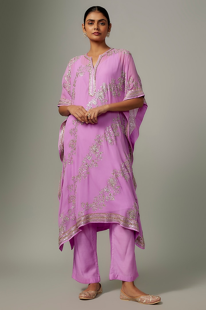 Lavender Chiffon Sequin Hand Embroidered Kaftan Set by Anushree Reddy at Pernia's Pop Up Shop