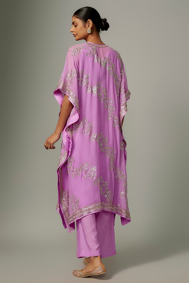 Lavender Chiffon Sequin Hand Embroidered Kaftan Set by Anushree Reddy at Pernia's Pop Up Shop