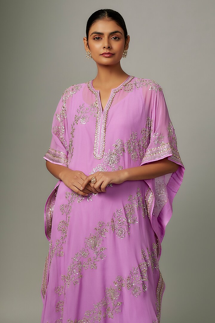 Lavender Chiffon Sequin Hand Embroidered Kaftan Set by Anushree Reddy at Pernia's Pop Up Shop