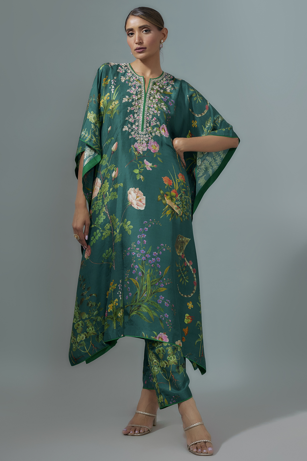 Emerald Green Dupion Silk Hand Embroidered Kaftan Set by Anushree Reddy at Pernia's Pop Up Shop