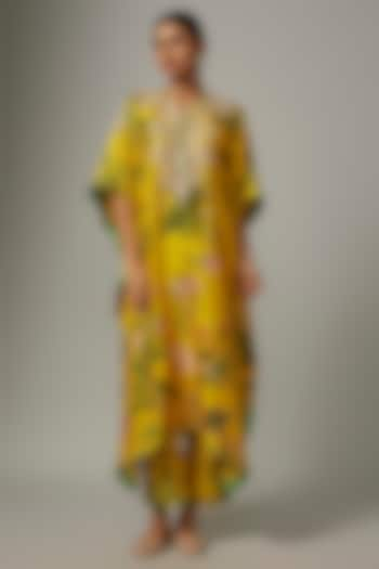 Yellow Dupion Silk Floral Printed Kaftan Set by Anushree Reddy at Pernia's Pop Up Shop