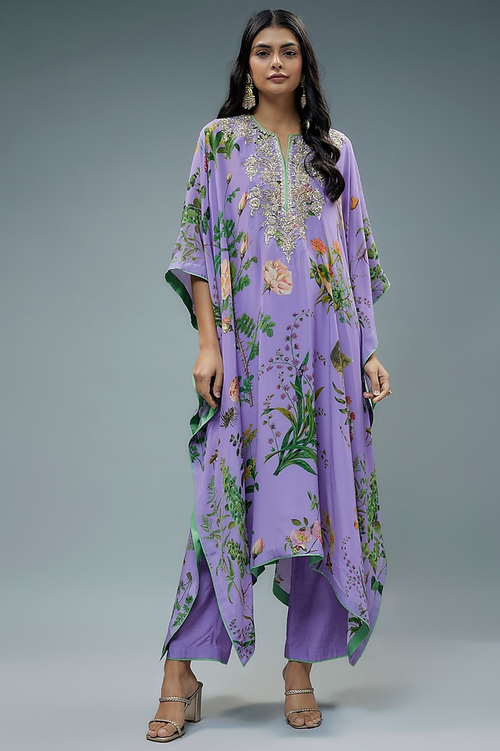 Lavender Dupion Silk Printed & Embroidered Kaftan Set by Anushree Reddy at Pernia's Pop Up Shop