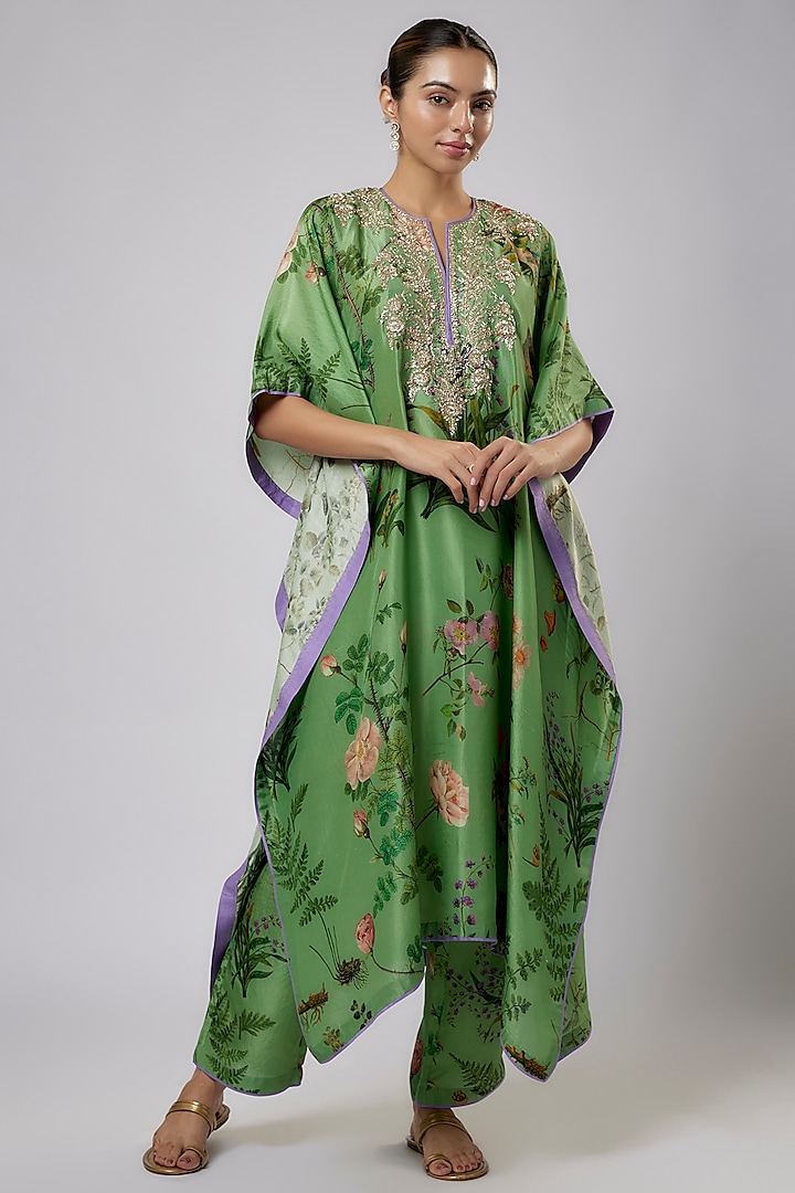 Sea Green Dupion Silk Zardosi Embroidered Kaftan Set by Anushree Reddy at Pernia's Pop Up Shop