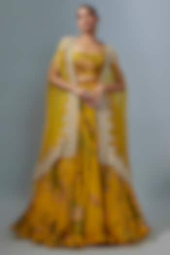 Yellow Organza Floral Printed Bridal Lehenga Set by Anushree Reddy at Pernia's Pop Up Shop