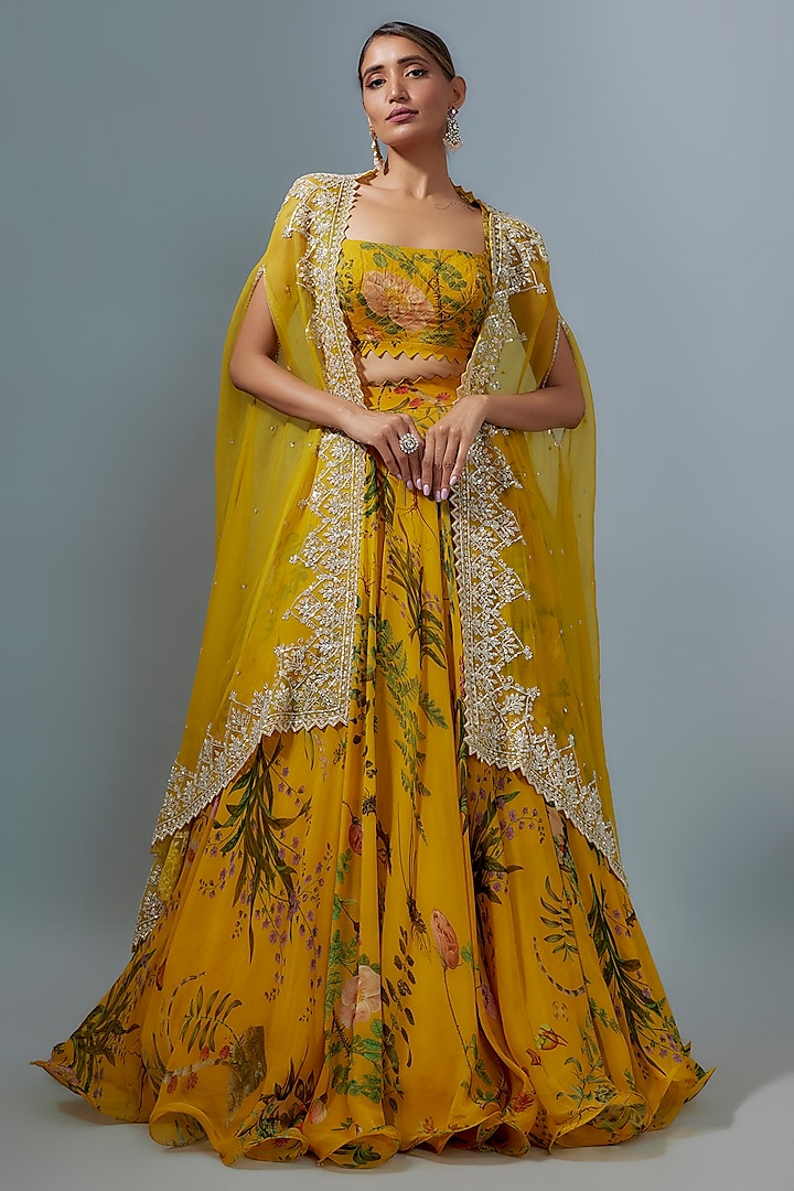 Yellow Organza Floral Printed Bridal Lehenga Set by Anushree Reddy at Pernia's Pop Up Shop