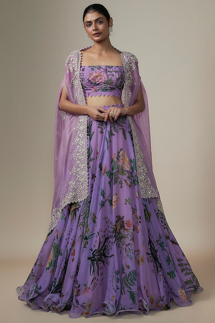 Lavender Organza Floral Printed Bridal Lehenga Set by Anushree Reddy at Pernia's Pop Up Shop