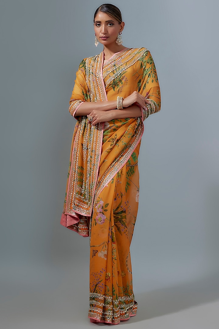 Orange Chiffon Printed & Sequins Embroidered Saree Set by Anushree Reddy at Pernia's Pop Up Shop