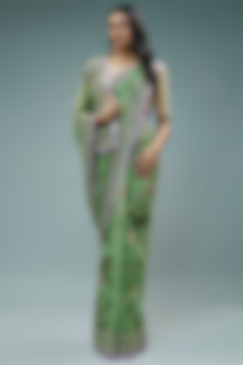 Sea Blue Chiffon Sequins Embroidered & Printed Wedding Saree Set by Anushree Reddy at Pernia's Pop Up Shop