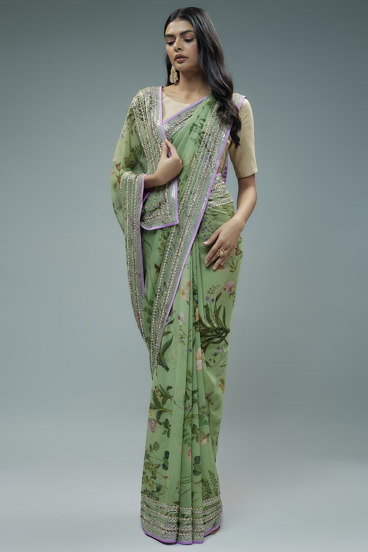 Sea Blue Chiffon Sequins Embroidered & Printed Wedding Saree Set by Anushree Reddy at Pernia's Pop Up Shop