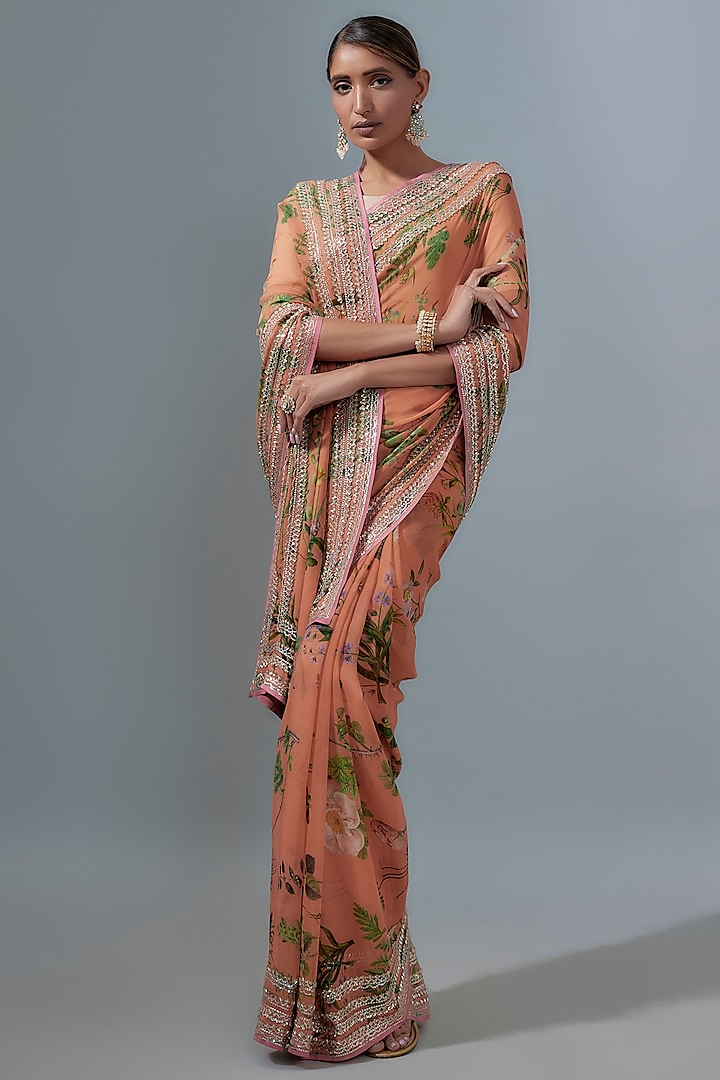 Peach Chiffon Printed & Sequins Embroidered Saree Set by Anushree Reddy at Pernia's Pop Up Shop