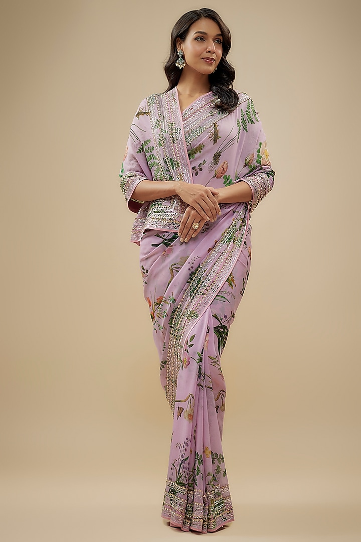 Pink Chiffon Printed & Embroidered Saree Set by Anushree Reddy at Pernia's Pop Up Shop