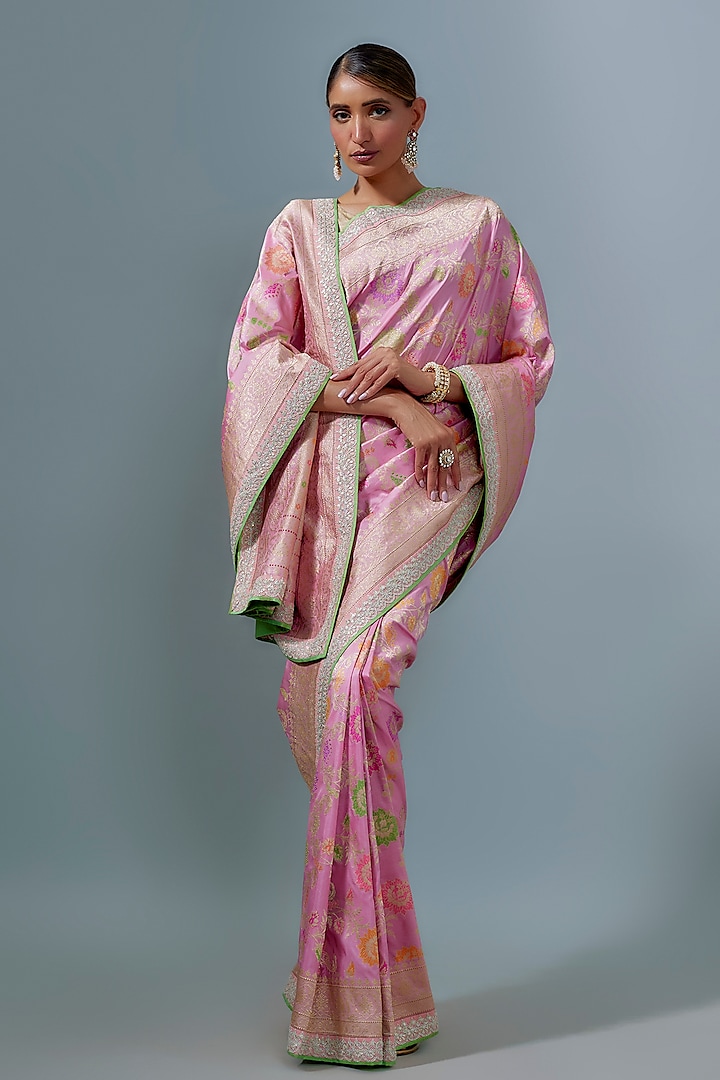 Pink Banarasi Silk Zardosi Embroidered Bridal Saree Set by Anushree Reddy at Pernia's Pop Up Shop