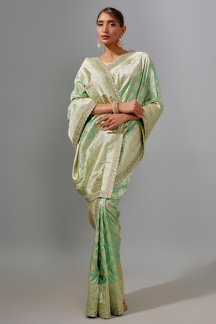 Sea Green Banarasi Silk Zardosi Embroidered Bridal Saree Set by Anushree Reddy at Pernia's Pop Up Shop