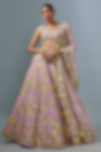 Dusty Pink Organza Floral Embroidered Bridal Lehenga Set by Anushree Reddy at Pernia's Pop Up Shop
