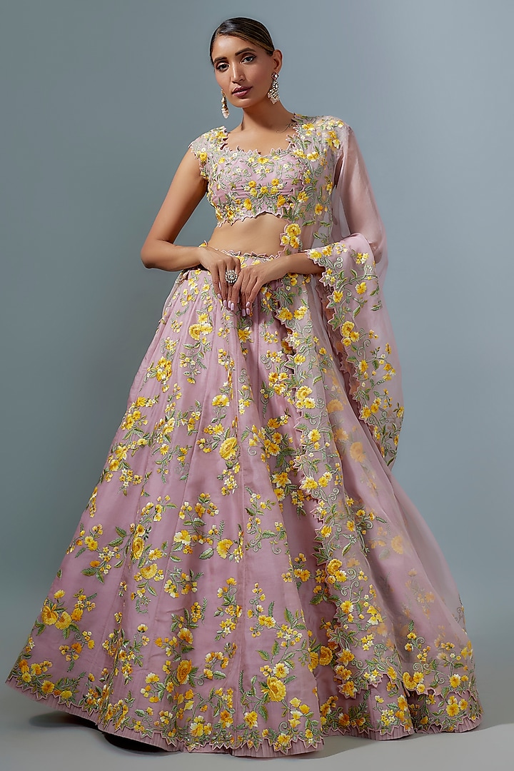 Dusty Pink Organza Floral Embroidered Bridal Lehenga Set by Anushree Reddy at Pernia's Pop Up Shop