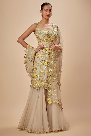 Ivory Organza Sharara Set by Anushree Reddy
