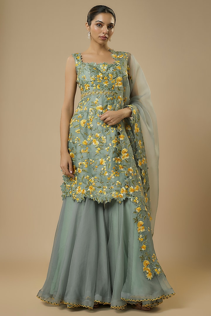 Sea Blue Organza Thread Embroidered Sharara Set by Anushree Reddy at Pernia's Pop Up Shop