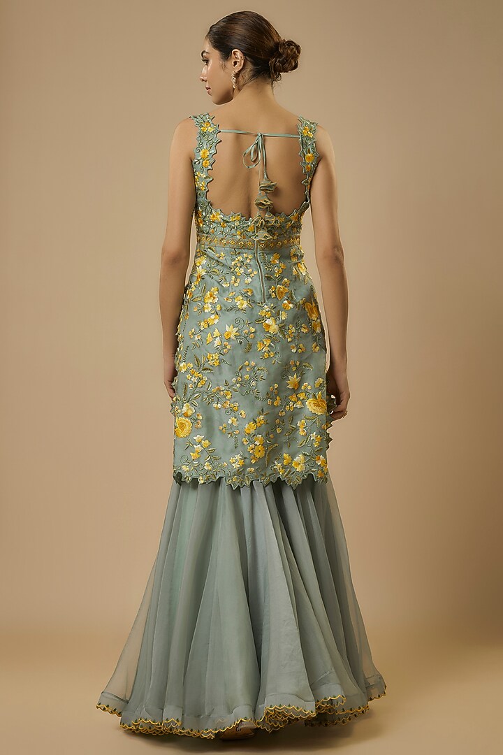 Sea Blue Organza Thread Embroidered Bridal Sharara Set by Anushree Reddy at Pernia's Pop Up Shop