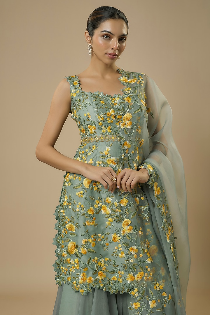 Sea Blue Organza Thread Embroidered Bridal Sharara Set by Anushree Reddy at Pernia's Pop Up Shop