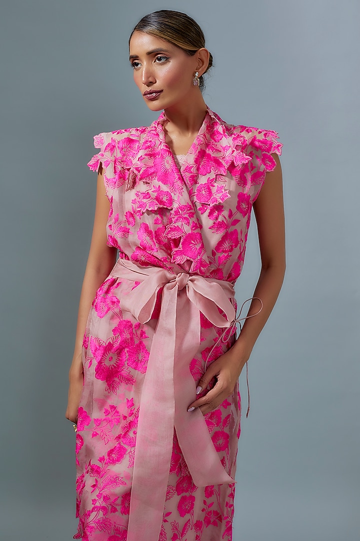 Light Pink Organza Floral Embroidered Jacket With Belt by Anushree Reddy at Pernia's Pop Up Shop