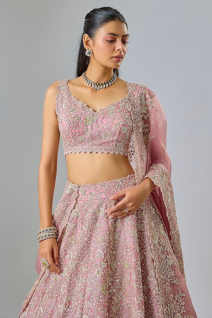 Rose Pink Organza Hand Embroidered Bridal Lehenga Set by Anushree Reddy at Pernia's Pop Up Shop